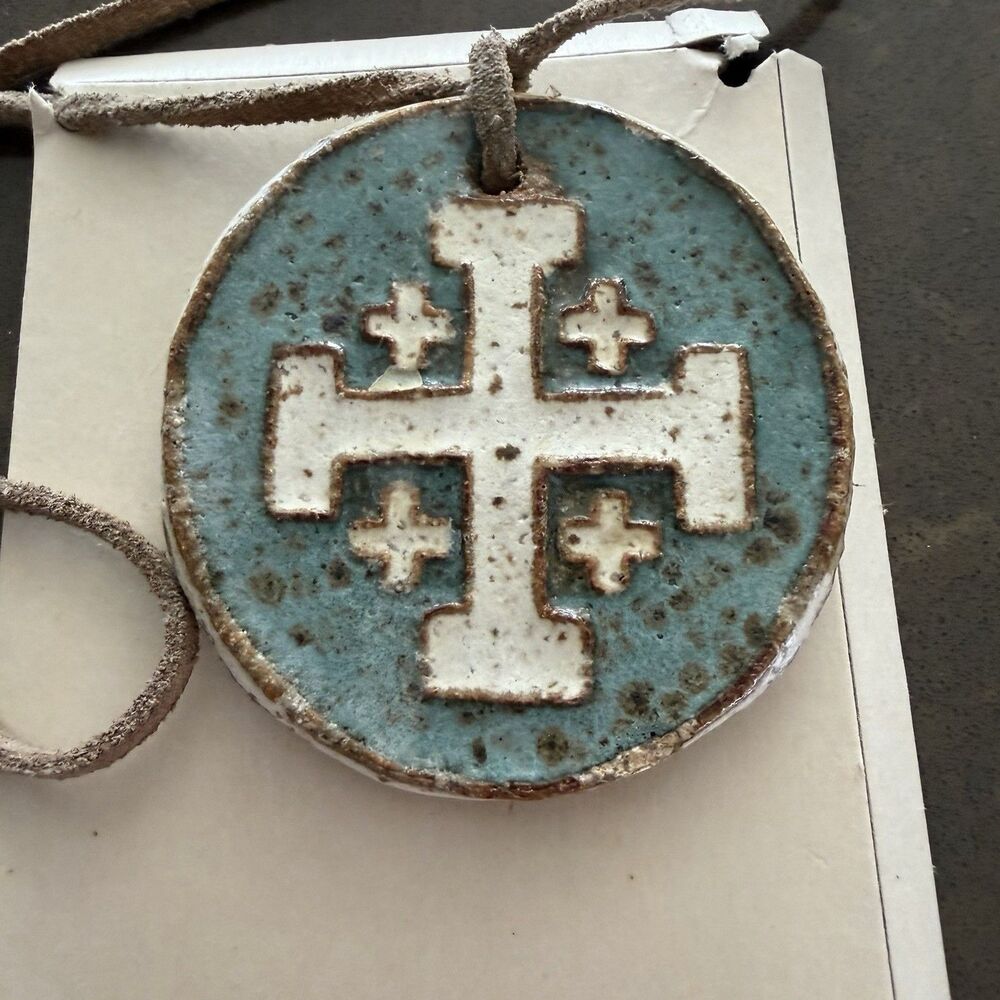 Hand made Pottery Pendant Medallion Necklace Jerusalem Cross 2 1/4"